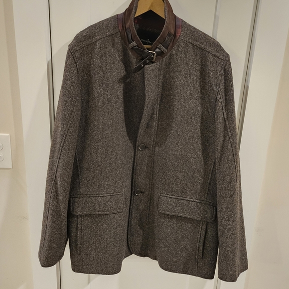 Cole Haan Tweed Wool Button/Zip Car Coat Jacket Herringbone Grey - Size XXL